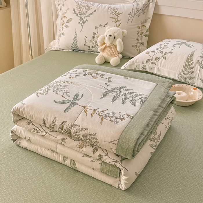 91家纺网 家纺一手货源 找家纺 梦依依 2025新款小清新印花系列里外全棉棉花被夏被四件套 春涧