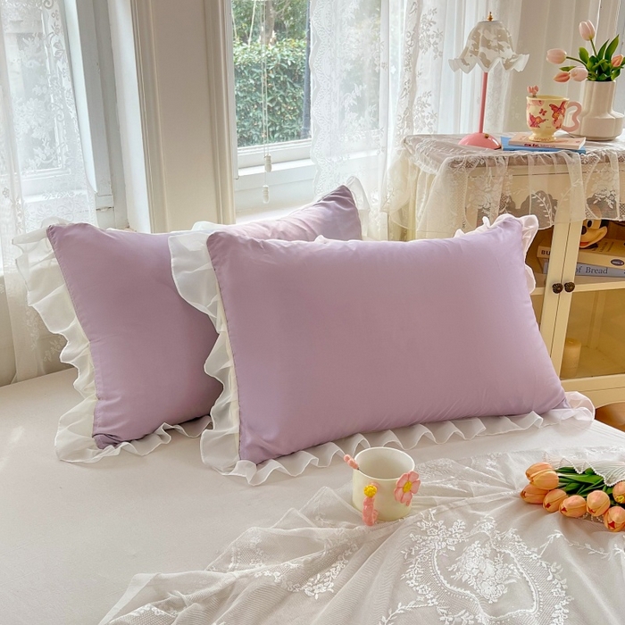 91家纺网 家纺一手货源 找家纺 梦舒羽  2025新款针织棉双层纱花边枕头套双人枕套枕芯套宿舍单人枕头内胆套 花边款-香芋紫