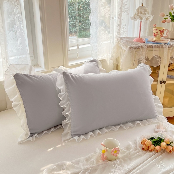 91家纺网 家纺一手货源 找家纺 梦舒羽  2025新款针织棉双层纱花边枕头套双人枕套枕芯套宿舍单人枕头内胆套 花边款-浅灰