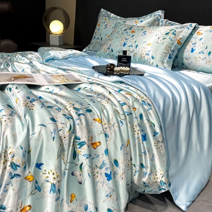 91家纺网 家纺一手货源 找家纺 （总）黄鹂鸟 2025新款高端轻奢丝滑裸睡丝绸数码印花水洗真丝天丝四件套系列 -风格四