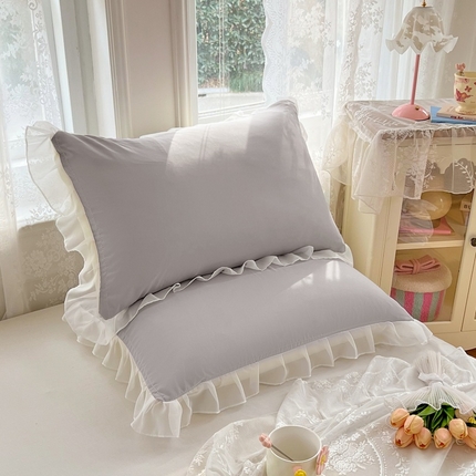 梦舒羽  2025新款针织棉双层纱花边枕头套双人枕套枕芯套宿舍单人枕头内胆套 花边款-浅灰