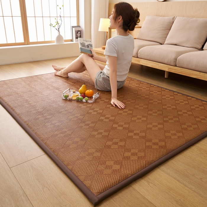 91家纺网 家纺一手货源 找家纺 艺博床垫 2025新款竹藤席地垫 九宫格-棕