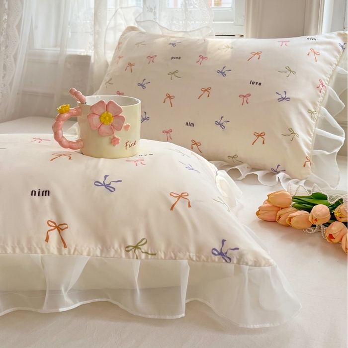 91家纺网 家纺一手货源 找家纺 梦舒羽  2025新款针织棉双层纱花边枕头套双人枕套枕芯套宿舍单人枕头内胆套 花边款-彩色心情