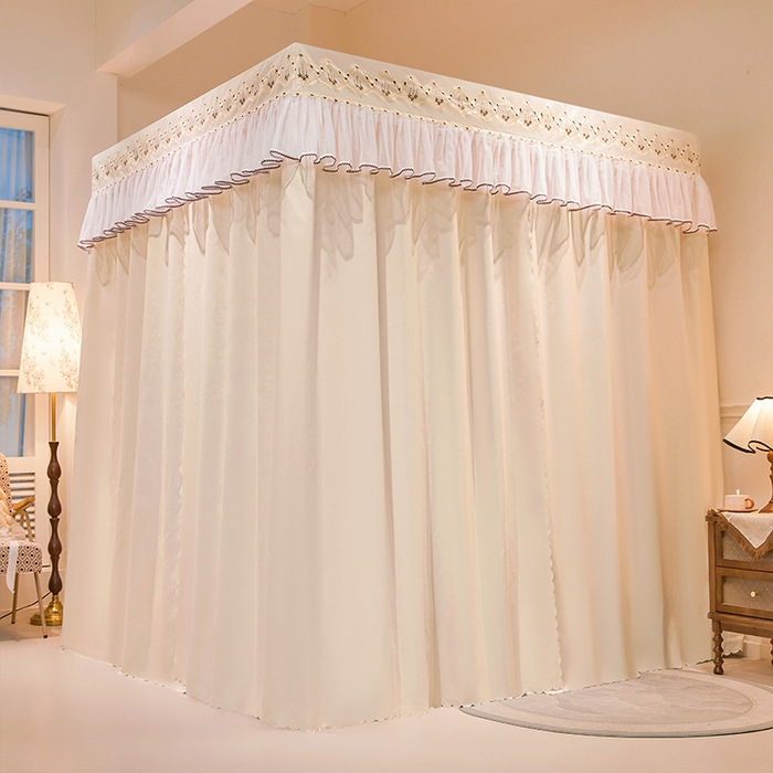 91家纺网 家纺一手货源 找家纺 锦逸家居 2025新款双层遮光防蚊落地蚊帐 奶油米