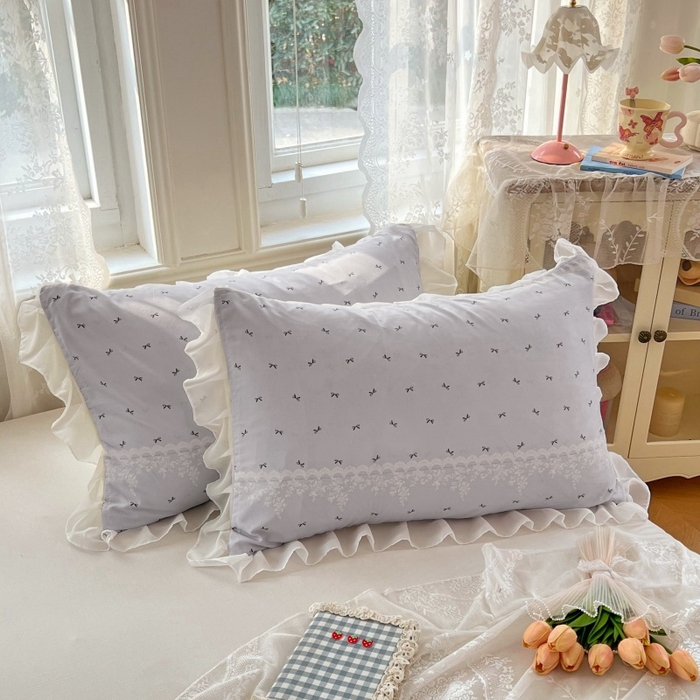91家纺网 家纺一手货源 找家纺 梦舒羽  2025新款针织棉双层纱花边枕头套双人枕套枕芯套宿舍单人枕头内胆套 花边款-蝴蝶结