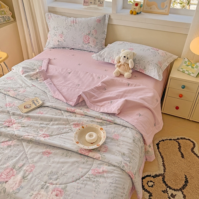 91家纺网 家纺一手货源 找家纺 梦依依 2025新款小清新印花系列里外全棉棉花被夏被四件套 华庭庄园-蓝