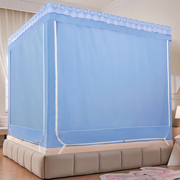 91家纺网 家纺一手货源 找家纺 显高蚊帐 2025新款U型坐床遮光防尘床帘式蚊帐 时尚蓝