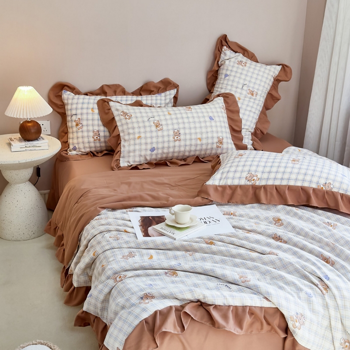 91家纺网 家纺一手货源 找家纺 梦莱斯2025新款针织棉夏被四件套 女仆熊