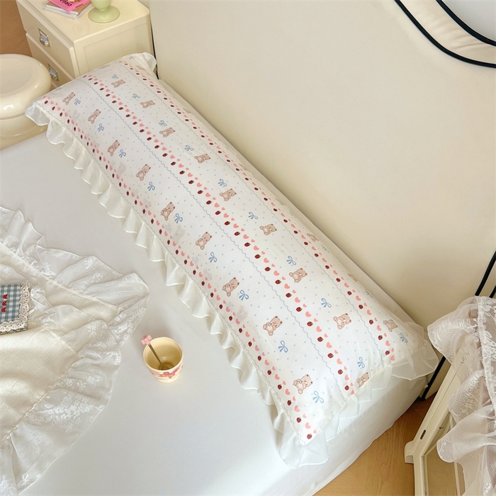 91家纺网 家纺一手货源 找家纺 梦舒羽2025新款针织棉双层纱花边枕头套情侣双人枕套枕芯套枕头内胆套 花边款-草莓熊宝