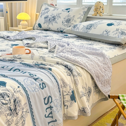 雯豆2025春夏新款凉感丝夏被空调被子印花A类卡通小清新夏被 冰丝夏被四件套-诗韵