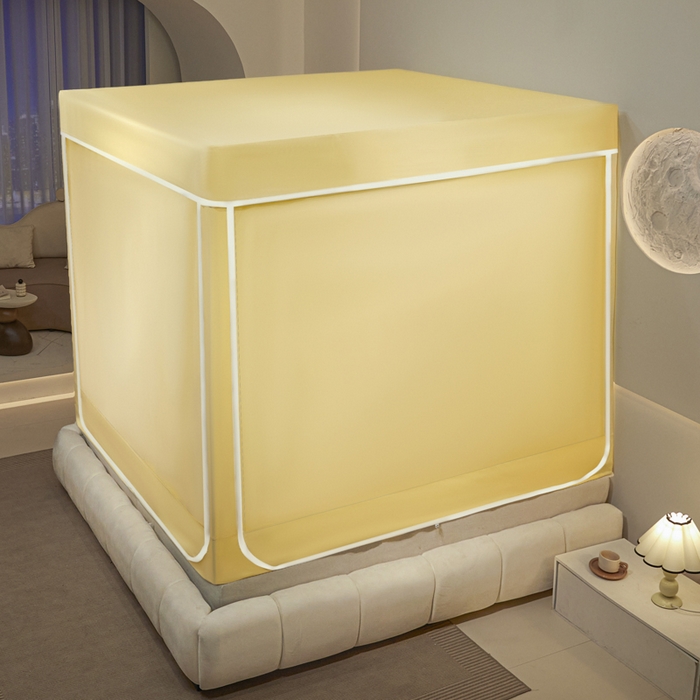 91家纺网 家纺一手货源 找家纺 兆星家纺 2025新款内穿带布帘蚊帐 款式一 纯色-米黄（不含帘）