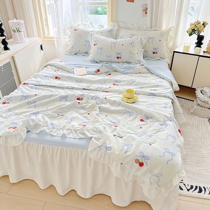 家贝爱 2025新款泡泡纱水洗棉花边床单/床裙款夏被四件套夏凉被 草莓啵啵