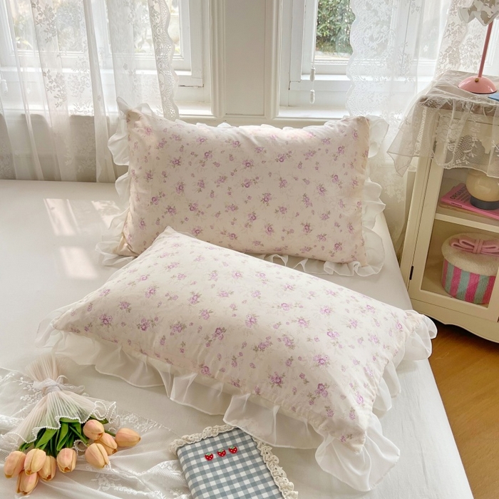 91家纺网 家纺一手货源 找家纺 梦舒羽  2025新款针织棉双层纱花边枕头套双人枕套枕芯套宿舍单人枕头内胆套 花边款-花朝如约