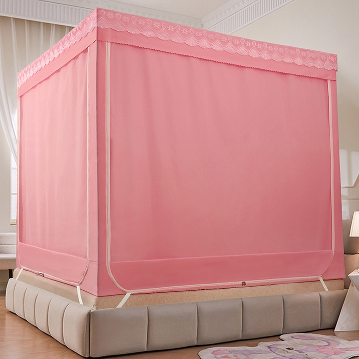 91家纺网 家纺一手货源 找家纺 显高蚊帐 2025新款U型坐床遮光防尘床帘式蚊帐 樱花粉