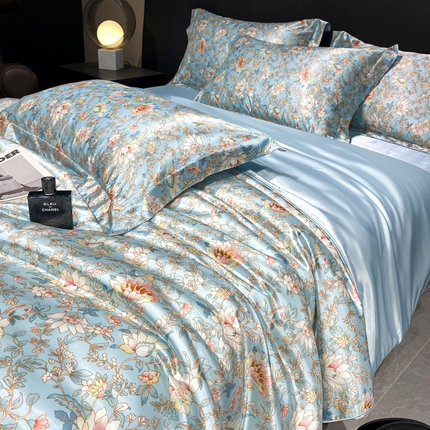 91家纺网 家纺一手货源 找家纺 （总）黄鹂鸟 2025新款高端轻奢丝滑裸睡丝绸数码印花水洗真丝天丝四件套系列 -风格四