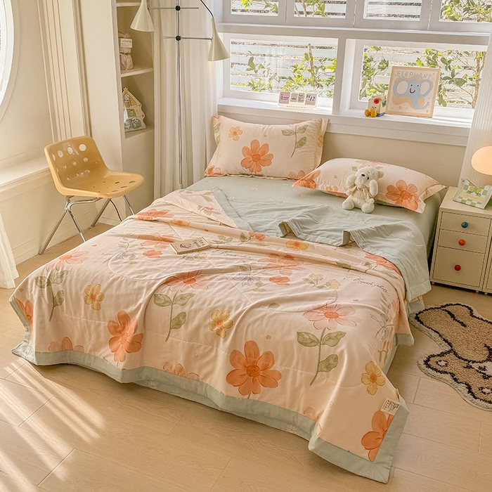 91家纺网 家纺一手货源 找家纺 梦依依 2025新款小清新印花系列里外全棉棉花被夏被四件套 班纳花园