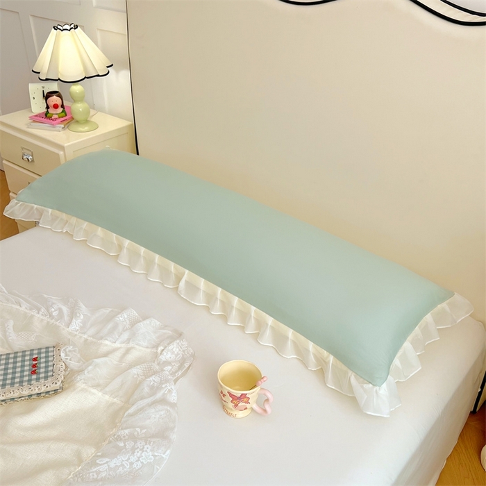 91家纺网 家纺一手货源 找家纺 梦舒羽2025新款针织棉双层纱花边枕头套情侣双人枕套枕芯套枕头内胆套 花边款-浅清绿