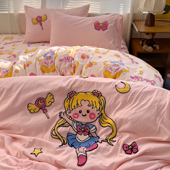 91家纺网 家纺一手货源 找家纺 罗亿家纺 2025新款云朵棉可爱毛巾绣系列四件套 美少女战士