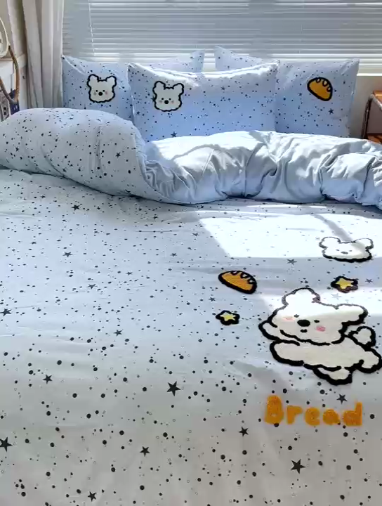 91家纺网 家纺一手货源 找家纺 罗亿家纺 2025新款云朵棉可爱毛巾绣系列四件套 星空线条狗