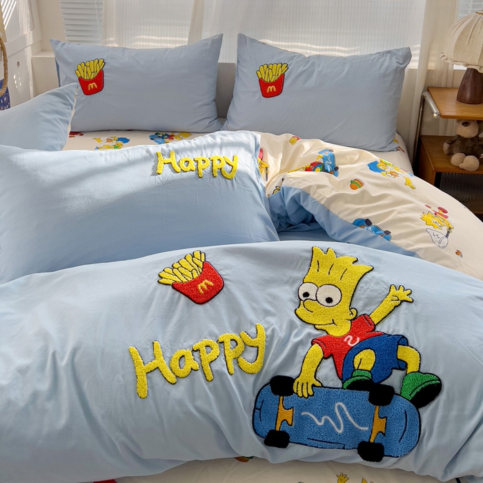 91家纺网 家纺一手货源 找家纺 罗亿家纺 2025新款云朵棉可爱毛巾绣系列四件套 调皮辛普森