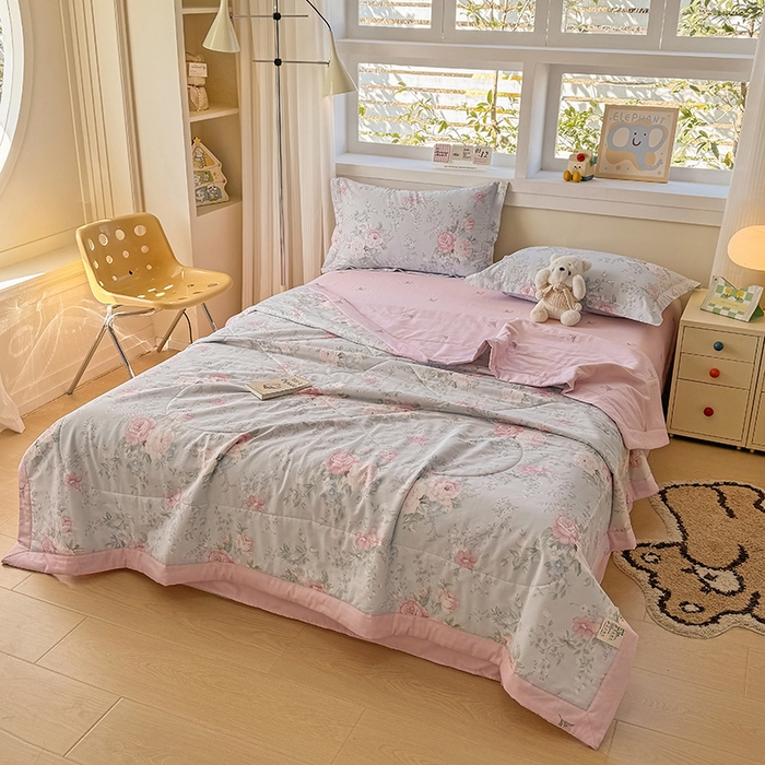 91家纺网 家纺一手货源 找家纺 梦依依 2025新款小清新印花系列里外全棉棉花被夏被四件套 华庭庄园-蓝