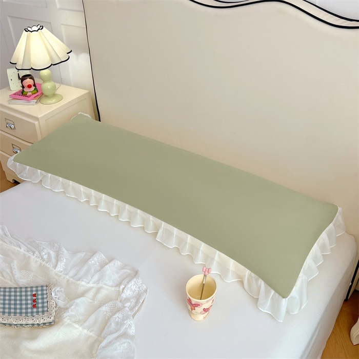 91家纺网 家纺一手货源 找家纺 梦舒羽2025新款针织棉双层纱花边枕头套情侣双人枕套枕芯套枕头内胆套 花边款-豆绿