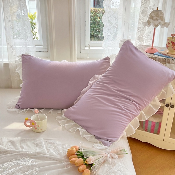 91家纺网 家纺一手货源 找家纺 梦舒羽  2025新款针织棉双层纱花边枕头套双人枕套枕芯套宿舍单人枕头内胆套 花边款-香芋紫