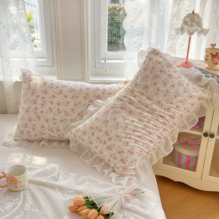 91家纺网 家纺一手货源 找家纺 梦舒羽  2025新款针织棉双层纱花边枕头套双人枕套枕芯套宿舍单人枕头内胆套 花边款-情迷花海