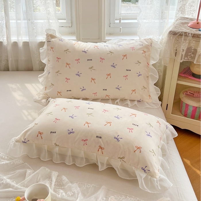 91家纺网 家纺一手货源 找家纺 梦舒羽  2025新款针织棉双层纱花边枕头套双人枕套枕芯套宿舍单人枕头内胆套 花边款-彩色心情