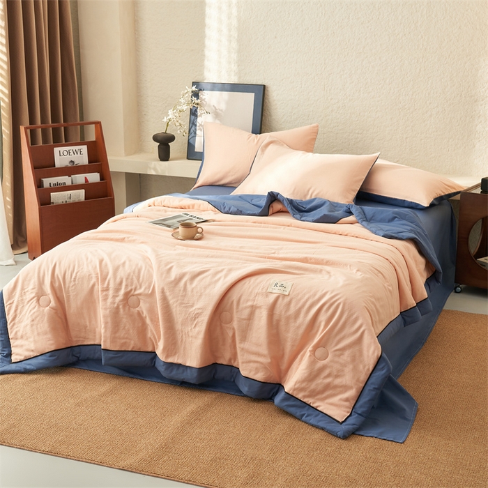 91家纺网 家纺一手货源 找家纺 2025新款新款A类纯棉双层纱大豆夏被四件套全棉空调被 玉色