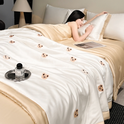 如一 2024新款满绣系列水洗冰丝夏被四件套小熊-奶白咖