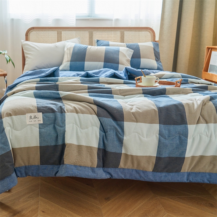 91家纺网 家纺一手货源 找家纺 2025新款A类纯棉水洗棉色织棉花夏被四件套全棉空调被夏凉被 蓝大格