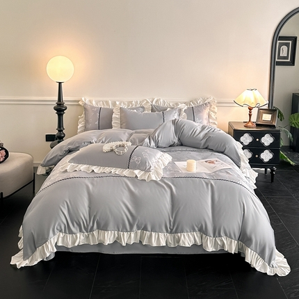 米彩家纺 2025新款A类水洗真丝亮光浮雕花边四件套 浅灰