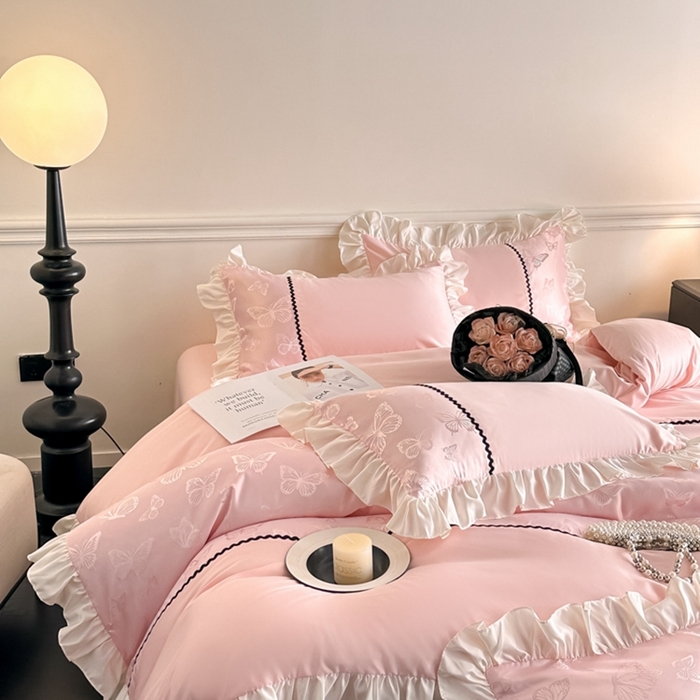 91家纺网 家纺一手货源 找家纺 米彩家纺 2025新款A类水洗真丝亮光浮雕花边四件套 粉玉