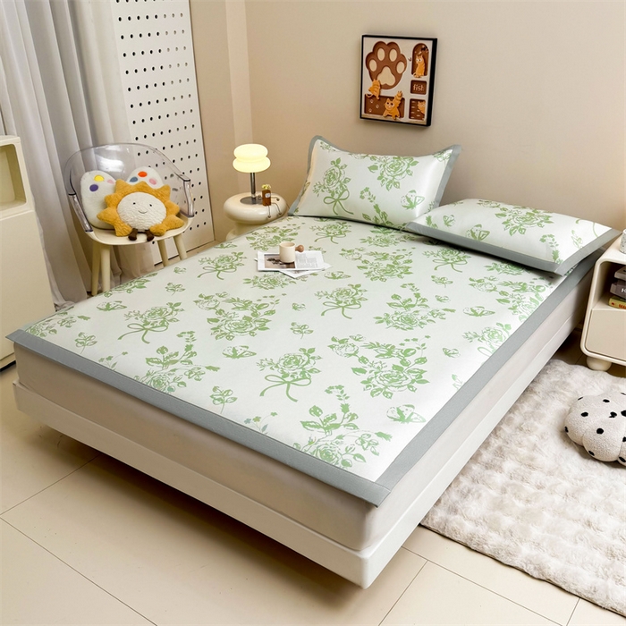 91家纺网 家纺一手货源 找家纺 雯豆2025夏季新品冰藤印花凉席三件套平铺绑带款冰丝凉席三件套 冰藤席-绑带款-青春印记