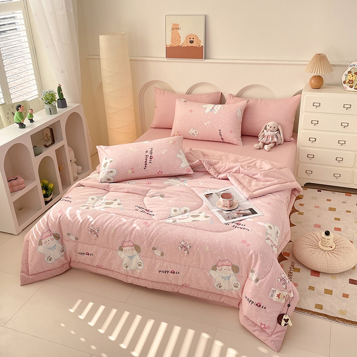 91家纺网 家纺一手货源 找家纺 宜家坊 2025新款全棉夏被碎花卡通小清新简约纯棉夏凉被夏被四件套三件套 兔与狗