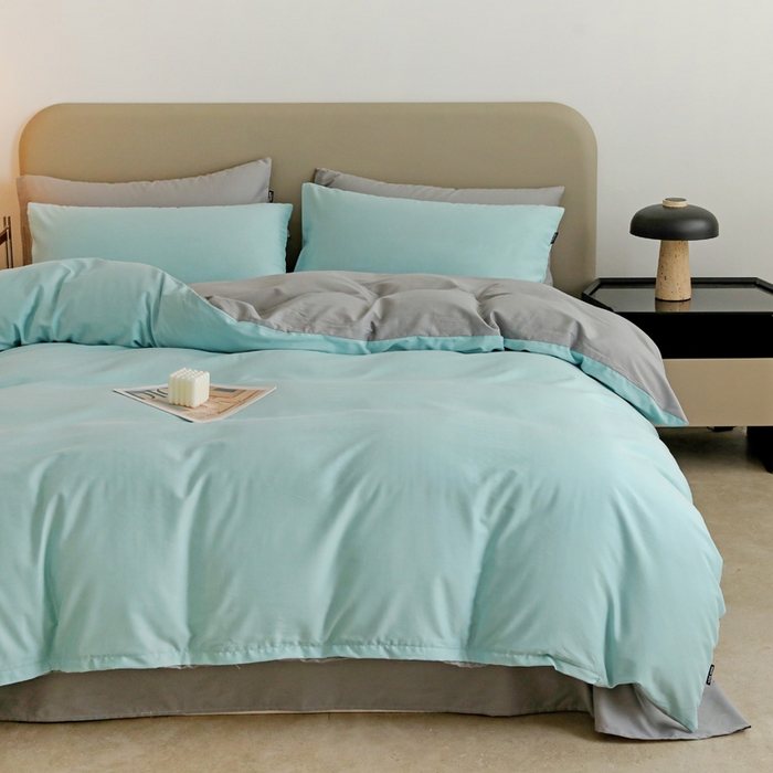 91家纺网 家纺一手货源 找家纺 2025年纯色双拼60支纯棉被套 婴儿蓝+浅灰