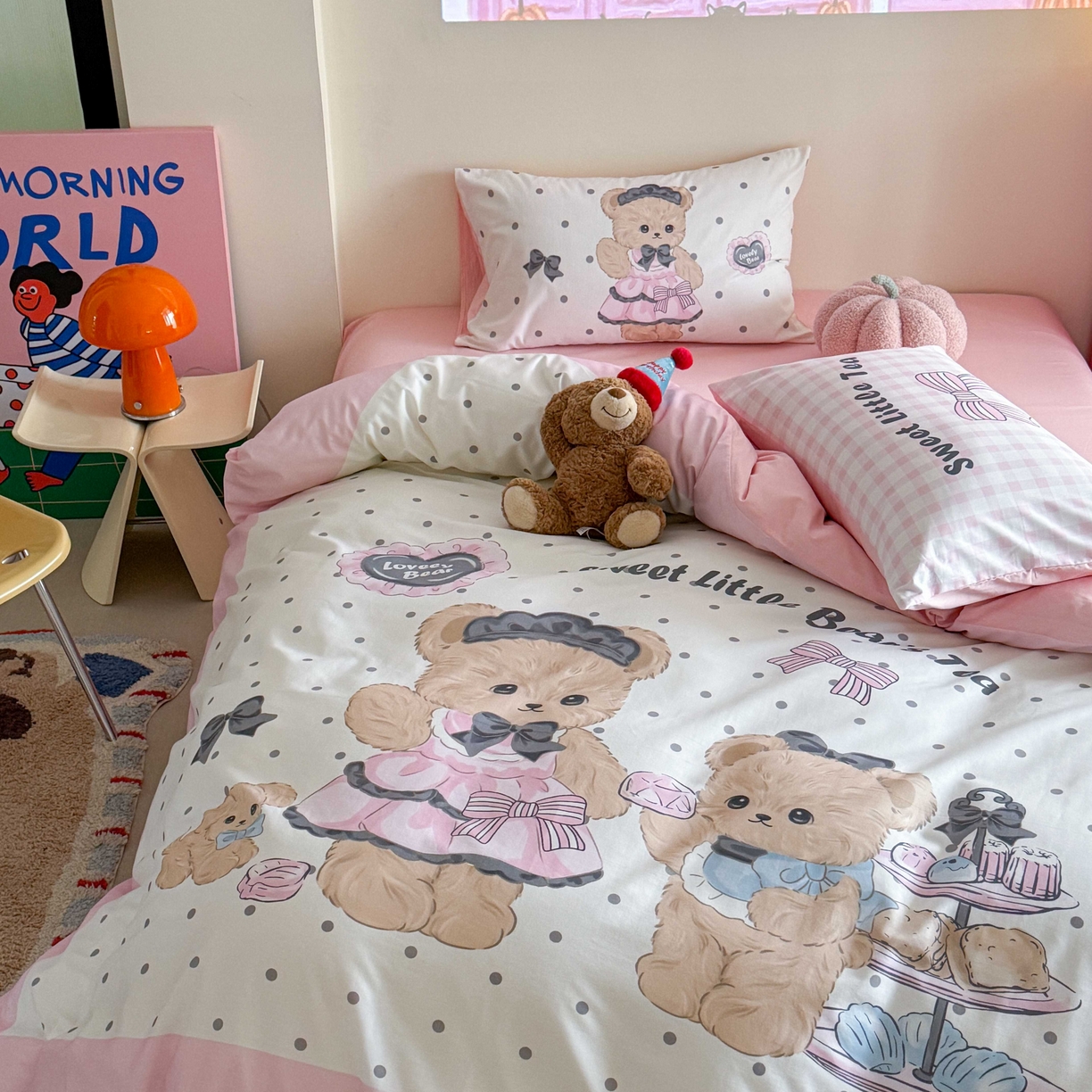 91家纺网 家纺一手货源 找家纺 美乐迪家纺 2025新款大版全棉四件套 茶话熊