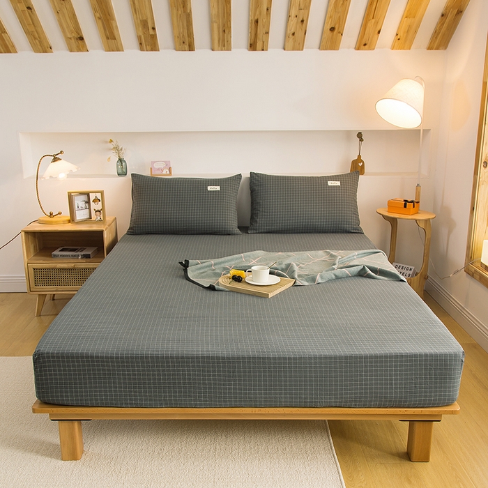 91家纺网 家纺一手货源 找家纺 柠萌家居 2025新款A类全棉色织水洗棉单床笠 灰小格