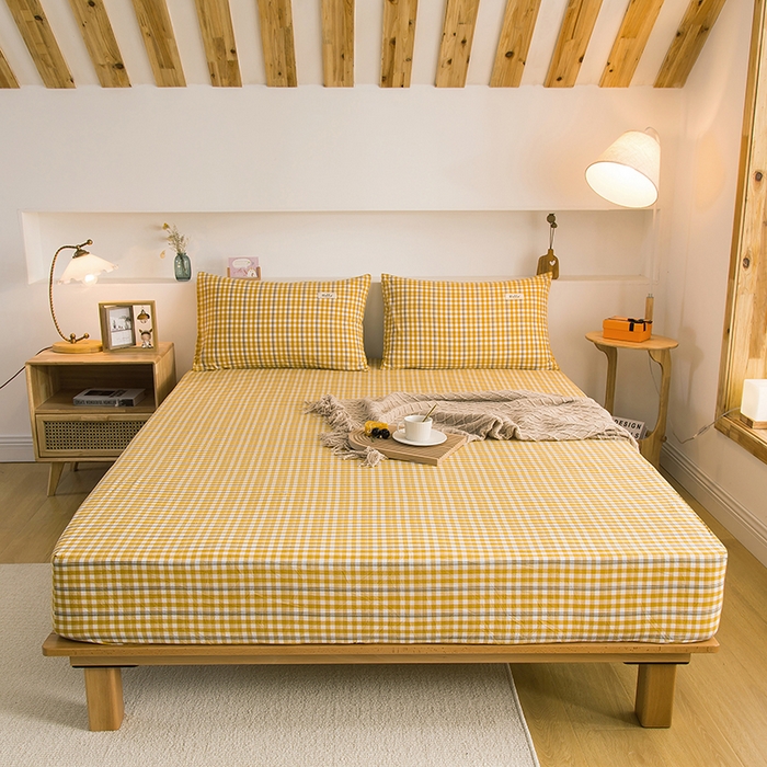 91家纺网 家纺一手货源 找家纺 柠萌家居 2025新款A类全棉色织水洗棉单床笠 姜黄小格