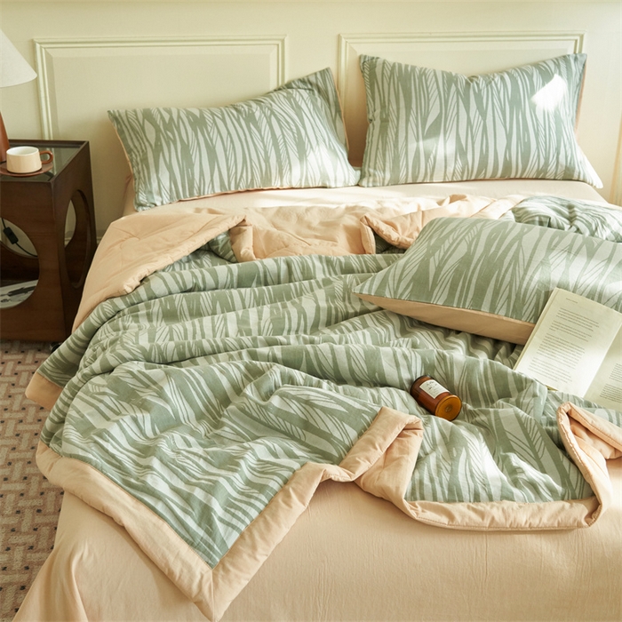 91家纺网 家纺一手货源 找家纺 金鹰 2025新款A类纯棉提花水洗棉全棉空调被大豆夏被四件套 条纹-緑咖