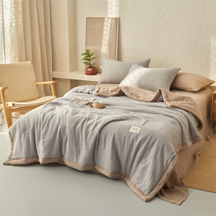 91家纺网 家纺一手货源 找家纺 金鹰2025新款A类纯棉皱皱纱大豆夏被四件套全棉夏凉被空调被 皱皱纱-浅灰