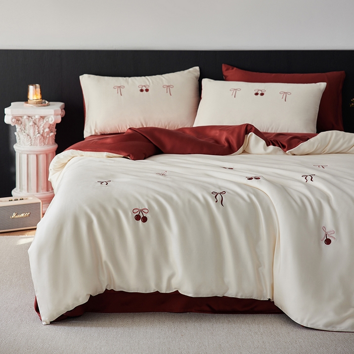 91家纺网 家纺一手货源 找家纺 安莱生活 2025兰精进口60S天丝绣花四件套（红色系列） 红色蝴蝶结