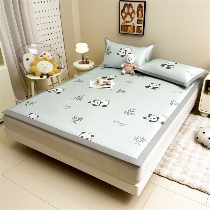 91家纺网 家纺一手货源 找家纺 雯豆2025夏季新品冰藤印花凉席三件套平铺绑带款冰丝凉席三件套 冰藤席-绑带款-熊猫花花