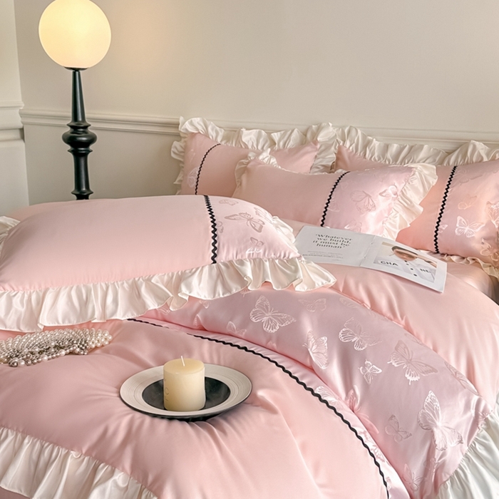 91家纺网 家纺一手货源 找家纺 米彩家纺 2025新款A类水洗真丝亮光浮雕花边四件套 粉玉