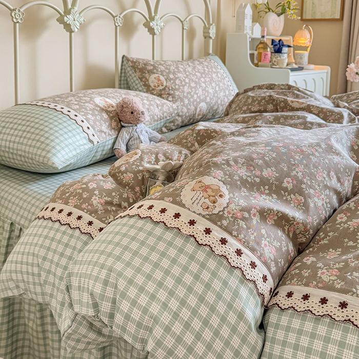 91家纺网 家纺一手货源 找家纺 安莱生活 2025 全棉小碎花刺绣花边款四件套 绿意