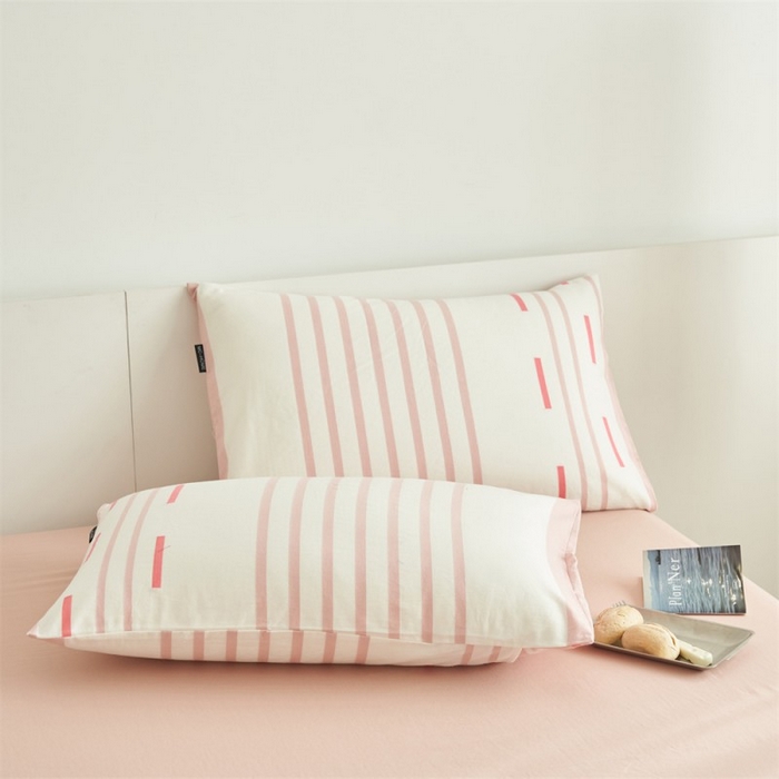 91家纺网 家纺一手货源 找家纺 金鹰 2025新款A类纯棉水洗棉三层条纹提花大豆夏被四件套 条纹-浅粉