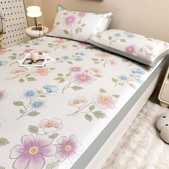 91家纺网 家纺一手货源 找家纺 雯豆2025夏季新品冰藤印花凉席三件套平铺绑带款冰丝凉席三件套 冰藤席-绑带款-出水芙蓉