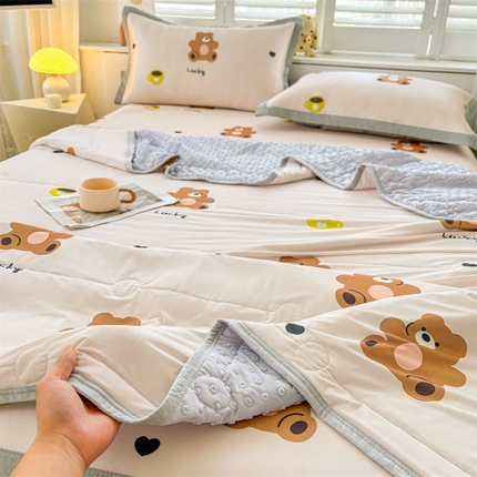 雯豆2025夏季新品冰丝碳光凉席+凉感丝印花夏被四件套卡通小清新绑带席子四件套 冰丝夏被四件套-咖啡小熊