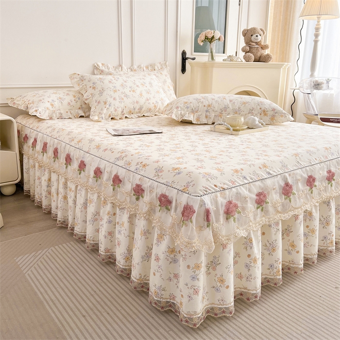 91家纺网 家纺一手货源 找家纺  十个点 2025新款全棉纯棉蕾丝花边床裙 花小莱-粉